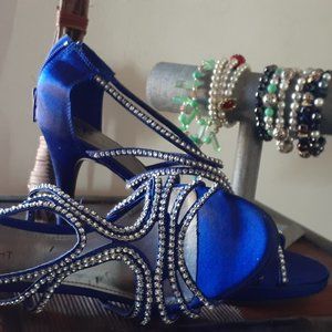 Blue satin open-toe sequined heels, Size 10